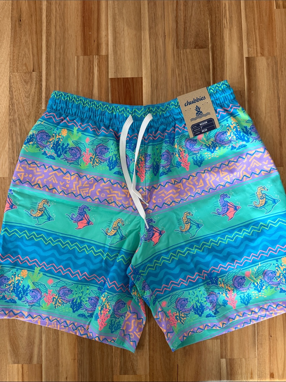 chubbies Turquoise, Teal & Pink Seahorse Beach Swim Shorts